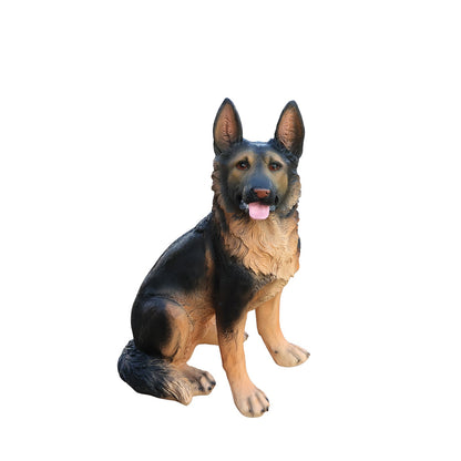 German Shepherd garden statue, life-like black and tan fur, seated with tongue out on Tampa Home & Garden Store