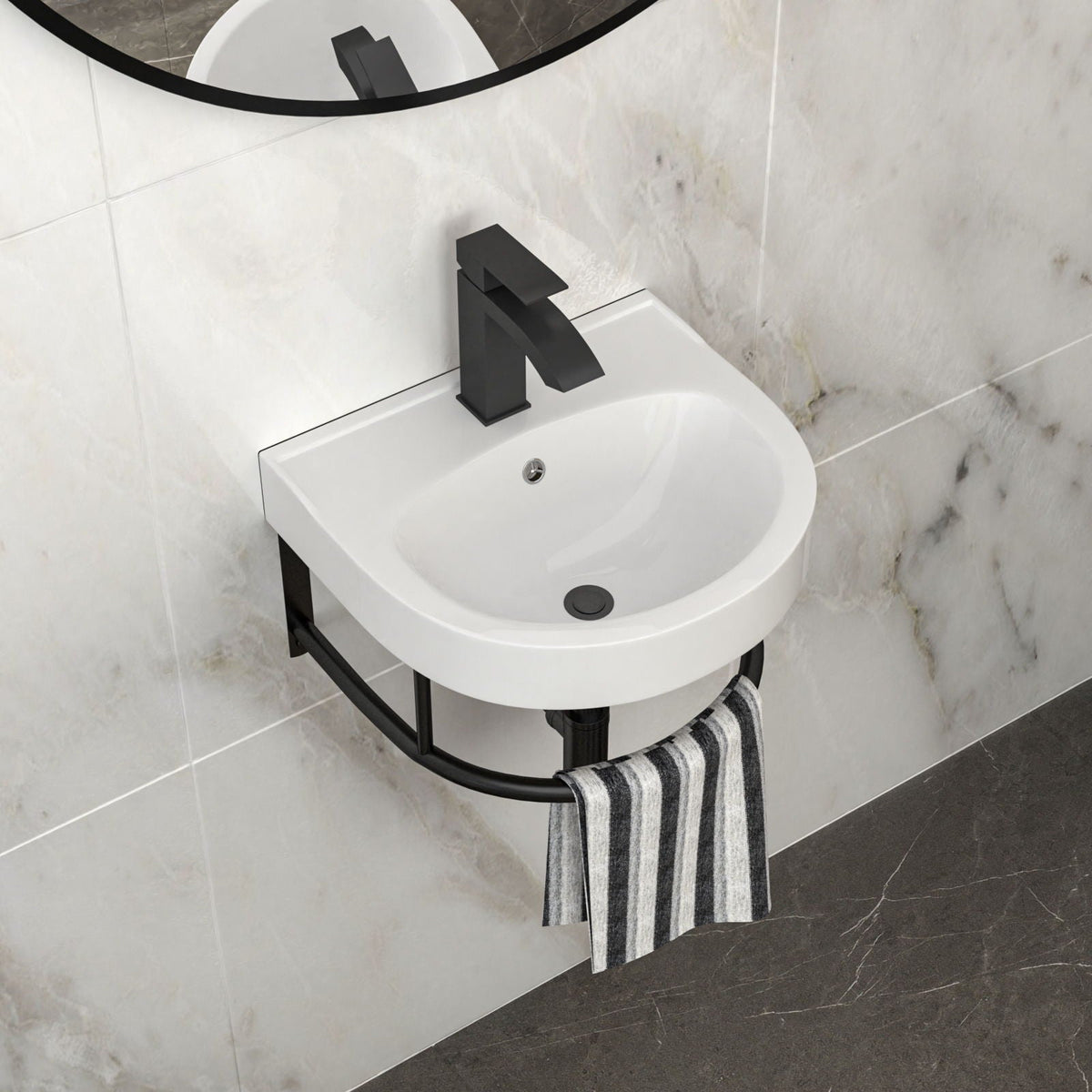 Wall mounted bathroom sink with towel bar and black faucet, white basin by HouseOfZazla on Tampa Home & Garden Store