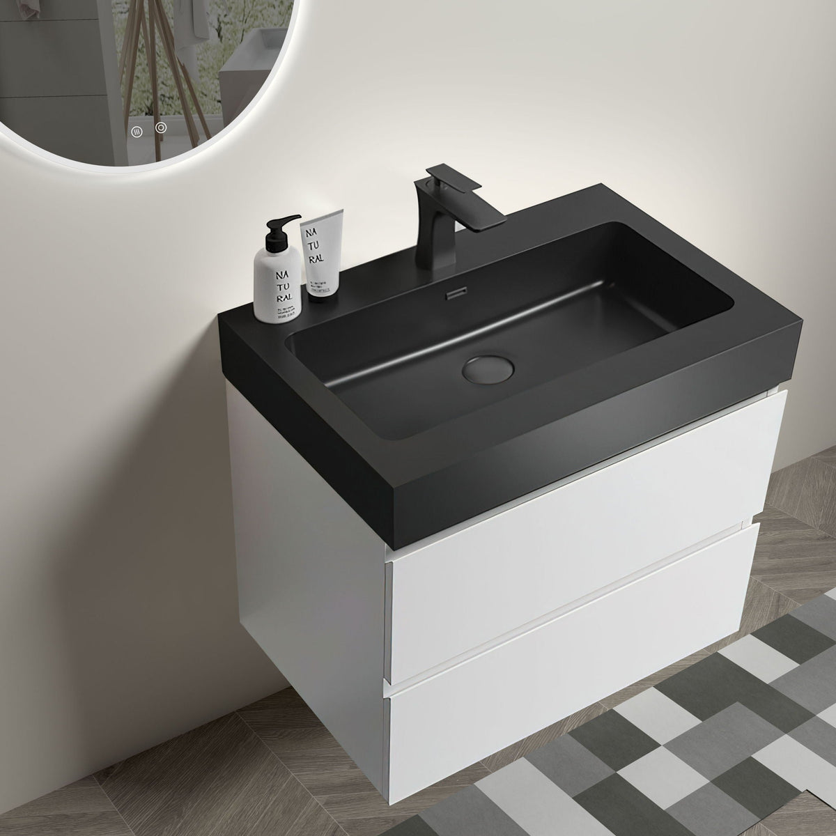 Modern floating bathroom vanity with storage, black countertop HouseOfZazla on Tampa Home & Garden Store