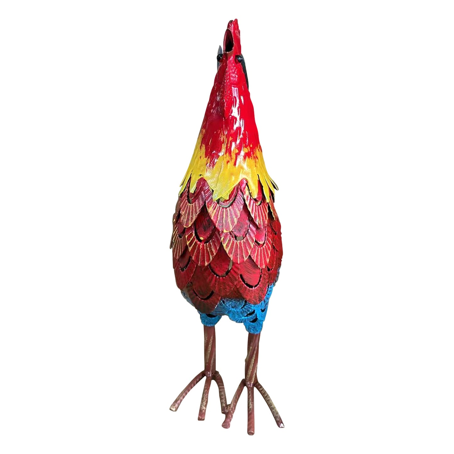 Wrought-iron rooster garden statue with bright red body, yellow belly, and blue legs on a stake on Tampa Home & Garden Store