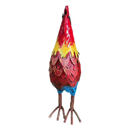 Wrought-iron rooster garden statue with bright red body, yellow belly, and blue legs on a stake on Tampa Home & Garden Store