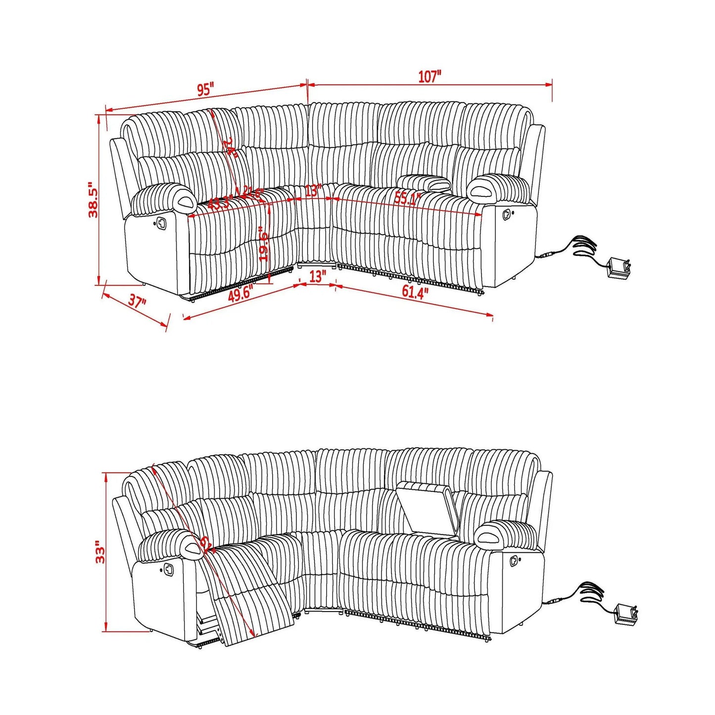Bruni Sofa With LED Lighting and Manual Recline