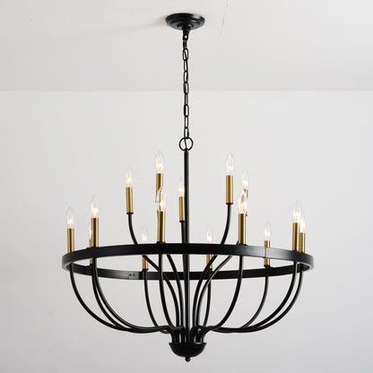 15-light industrial iron chandelier with black frame and gold sleeves hanging from chain on Tampa Home & Garden Store