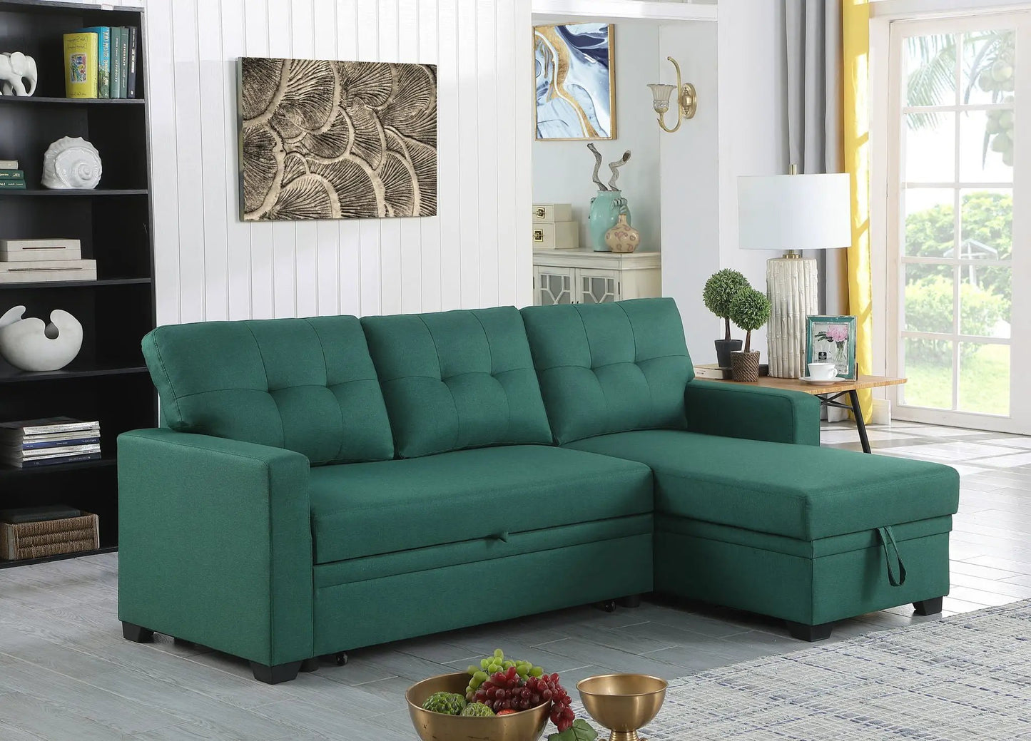 Upholstered pull-out sectional sofa with chaise in emerald green fabric by Unique Piece Furniture on Tampa Home & Garden Store