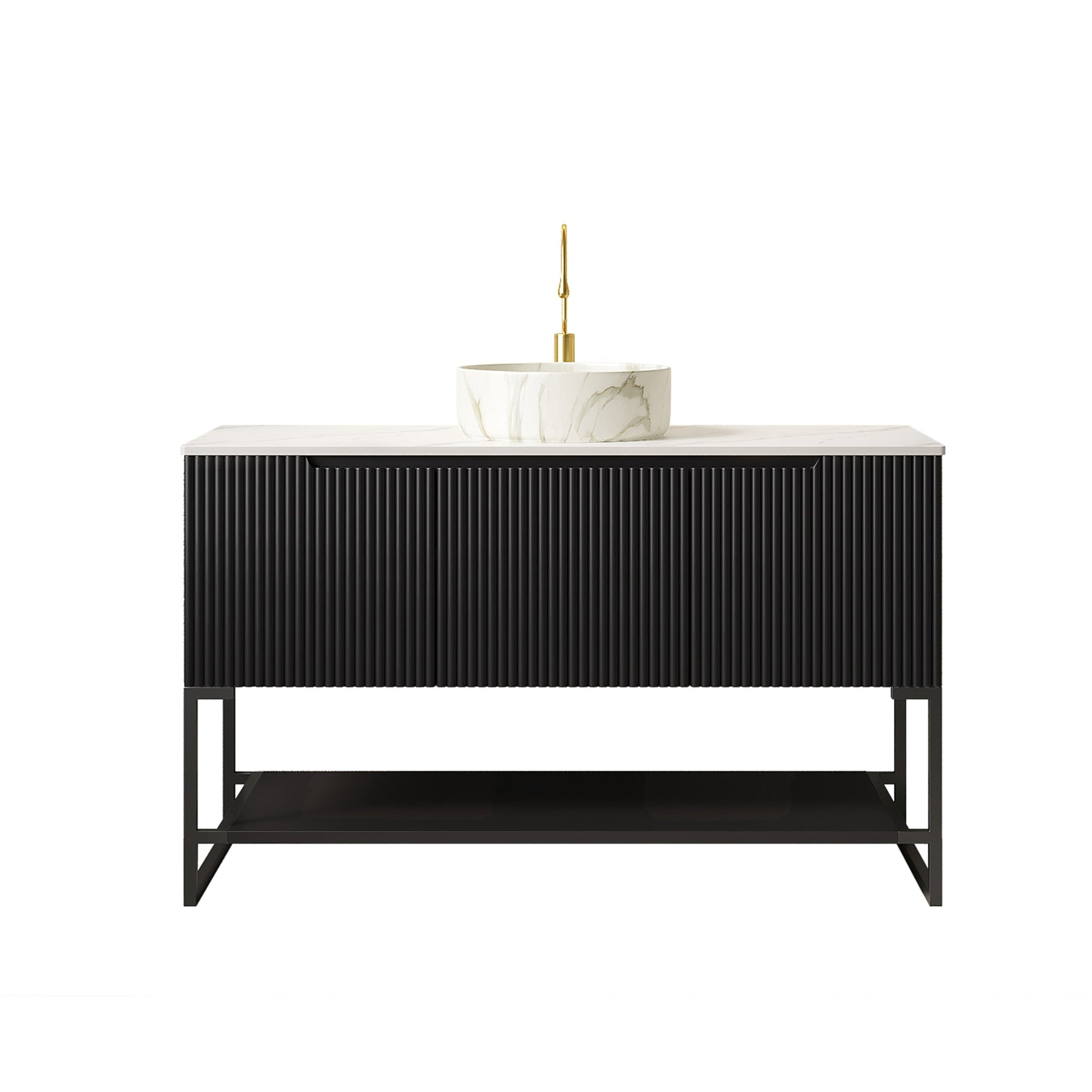 Tulio 48in Vanity & Sink by HouseOfZazla, black ribbed cabinet with white marble top gold faucet on Tampa Home & Garden Store
