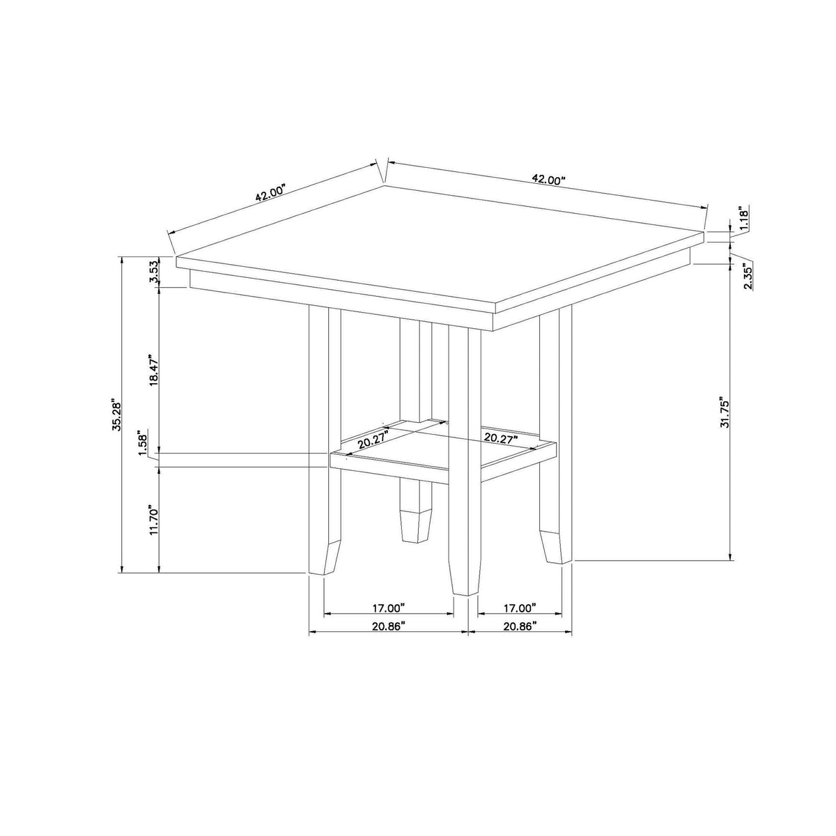 Natural bar table with marble finish, 42-inch square top, blueprint-style dimensions on Tampa Home & Garden Store
