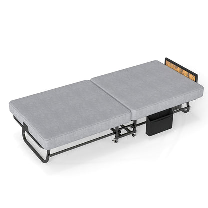 78x31 folding bed with headboard and USB charging, gray fabric, wood headboard HouseOfZazla on Tampa Home & Garden Store