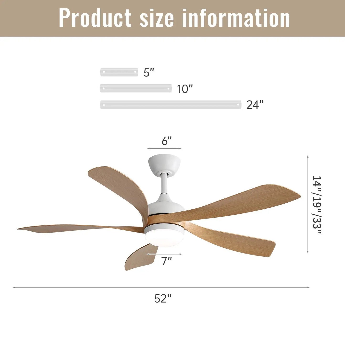 Ceiling fan white motor housing, DC motor, integrated light, five natural wood blades, 52in span Unique Piece Furniture on Tampa Home & Garden Store