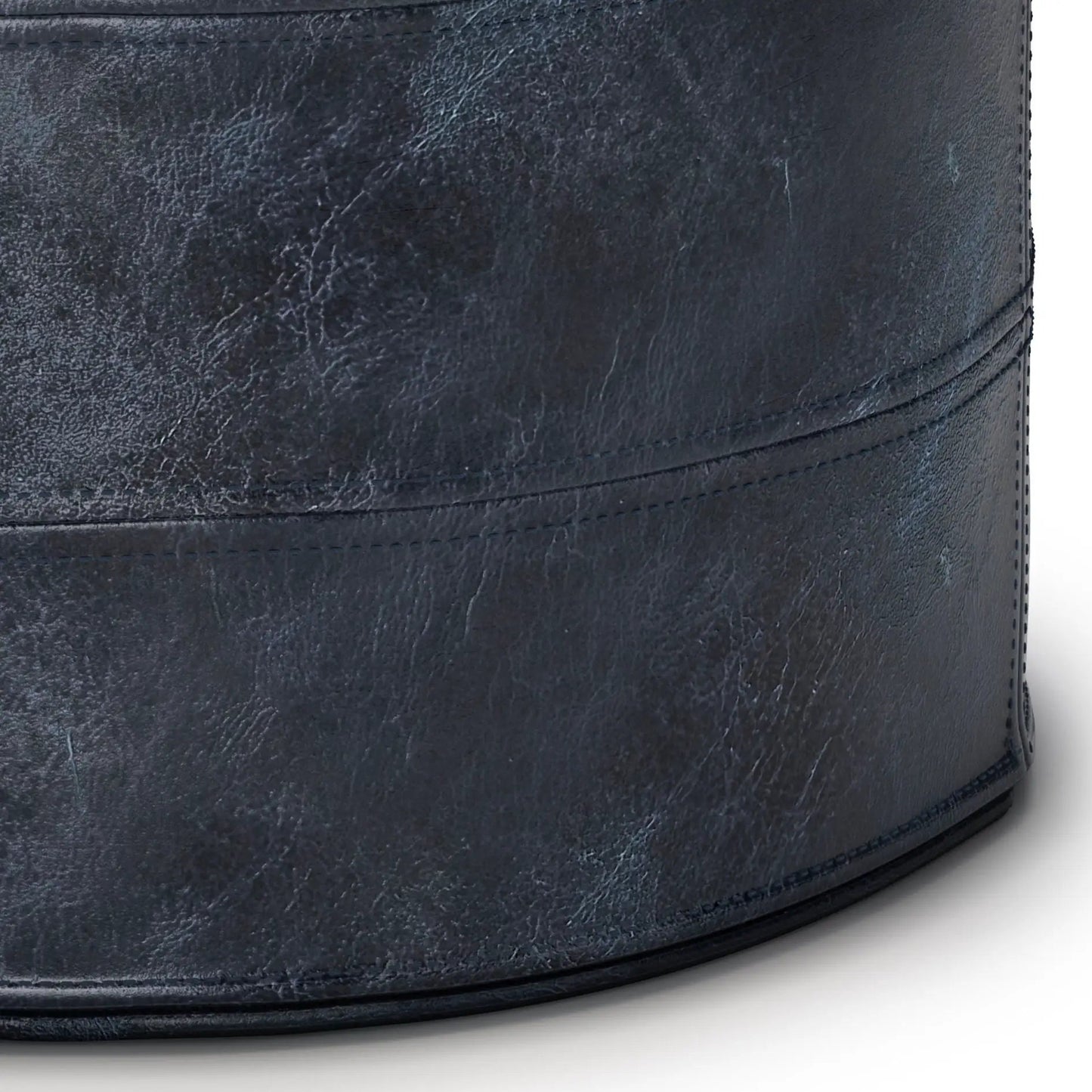 Connor - Handcrafted Round Pouf navy blue distressed leather with stitching Unique Piece Furniture on Tampa Home & Garden Store