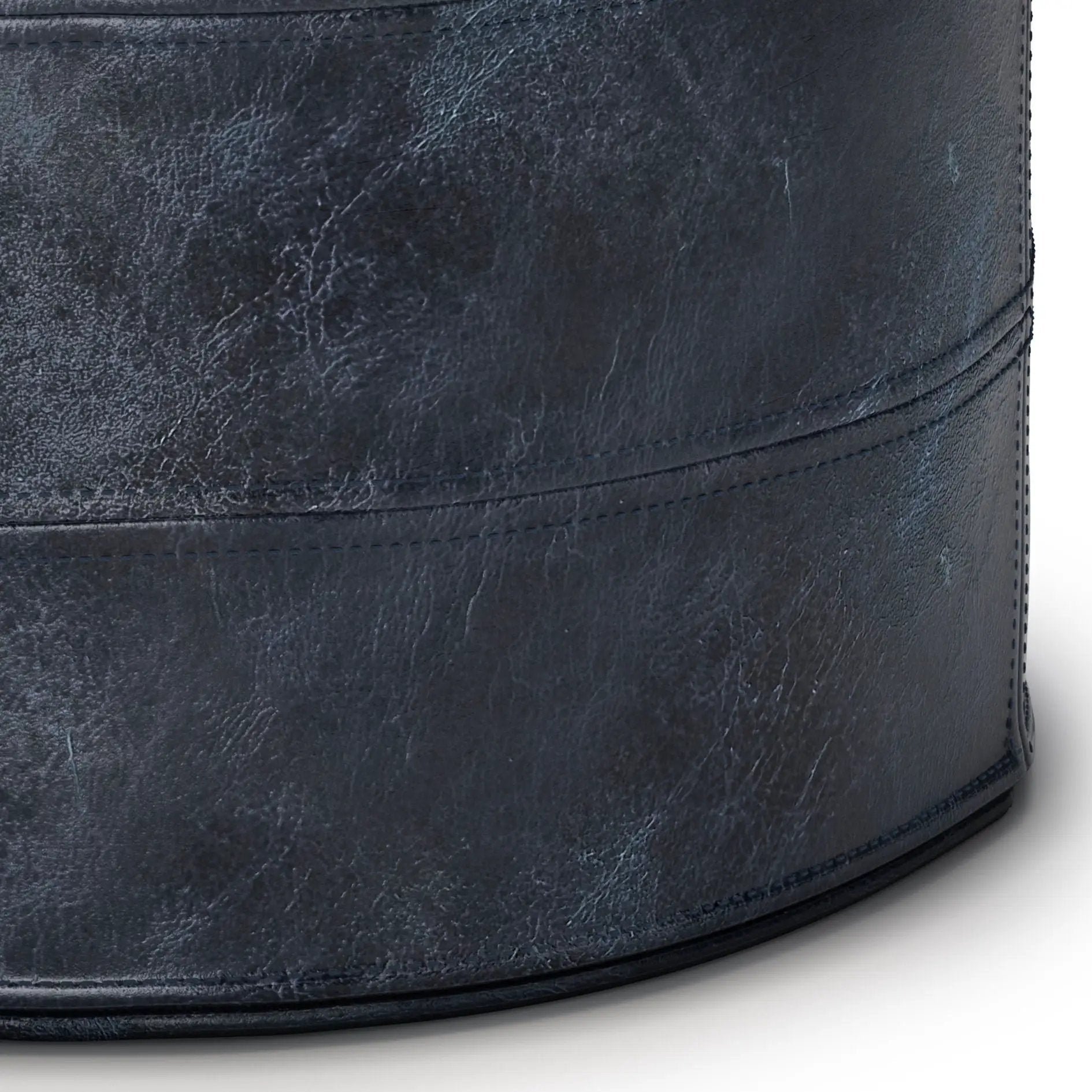 Connor - Handcrafted Round Pouf navy blue distressed leather with stitching Unique Piece Furniture on Tampa Home & Garden Store