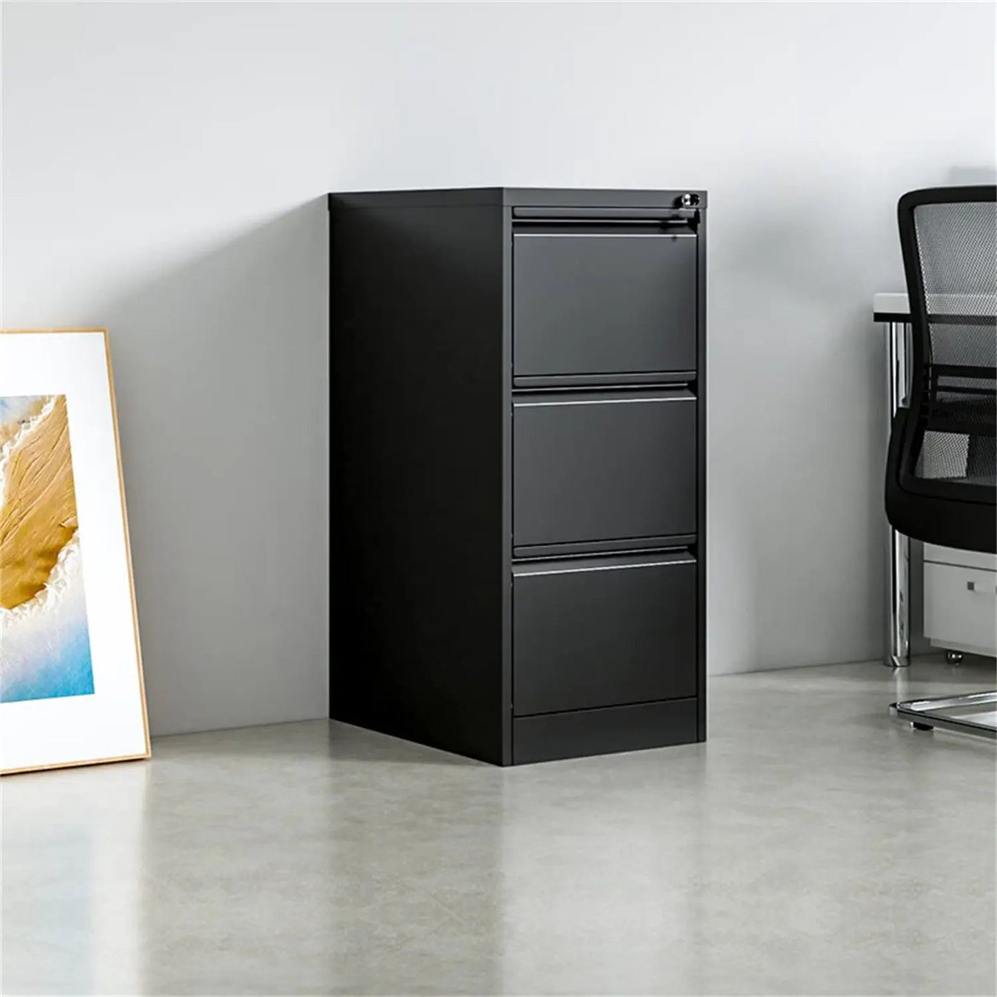 Durable metal 3-drawer file cabinet with lock in black by Unique Piece Furniture for storage on Tampa Home & Garden Store