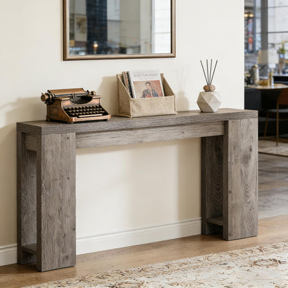Wood entryway console table in weathered gray with copper typewriter, magazine holder, diffuser on Tampa Home & Garden Store