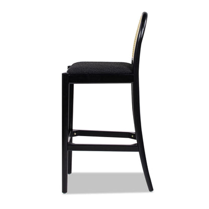 Counter stool with curved back cane and natural cane webbing, black wood frame and cushion on Tampa Home & Garden Store