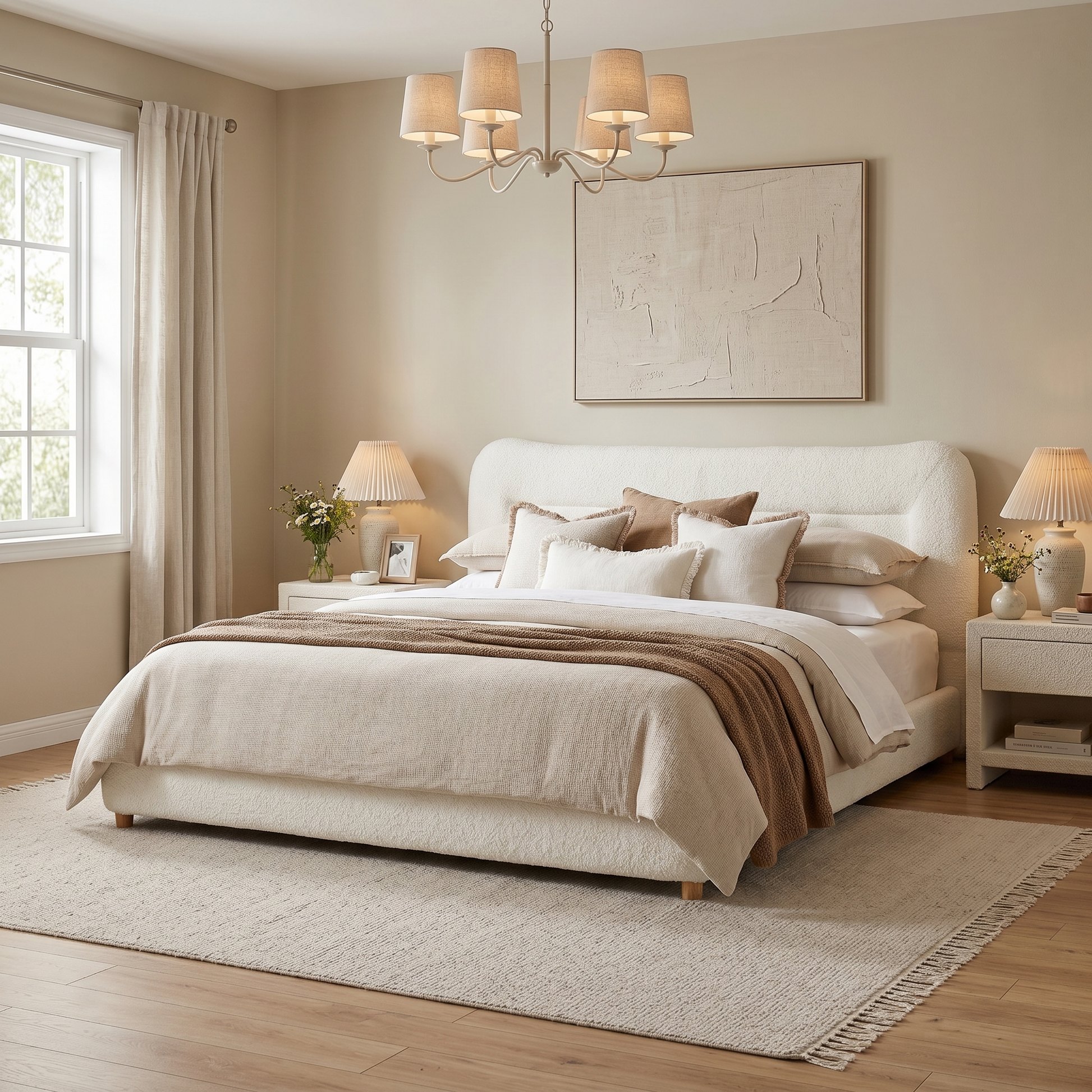 Minimalist Curved Headboard Teddy Bear Plush Bed King by HouseOfZazla in beige upholstery on Tampa Home & Garden Store