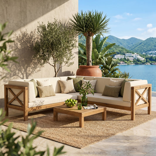 Brava X-Back 4-Piece Sofa Set with beige cushions and natural wood frames on outdoor patio on Tampa Home & Garden Store