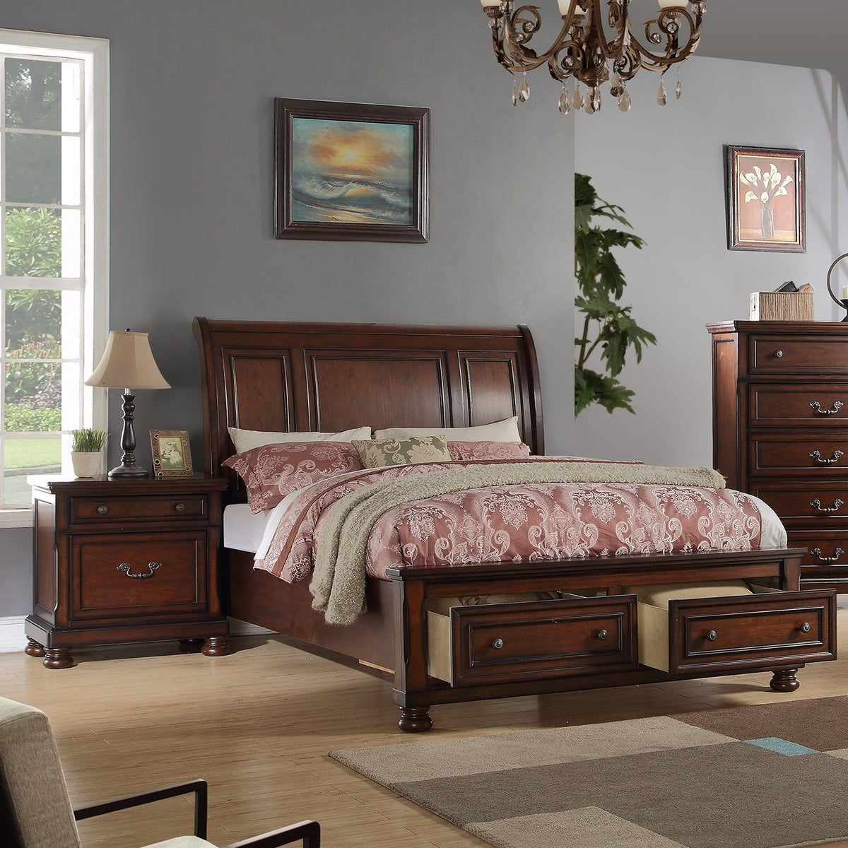 3 Piece Bedroom Set bed with 2 nightstands in dark cherry finish, arched paneled headboard on Tampa Home & Garden Store