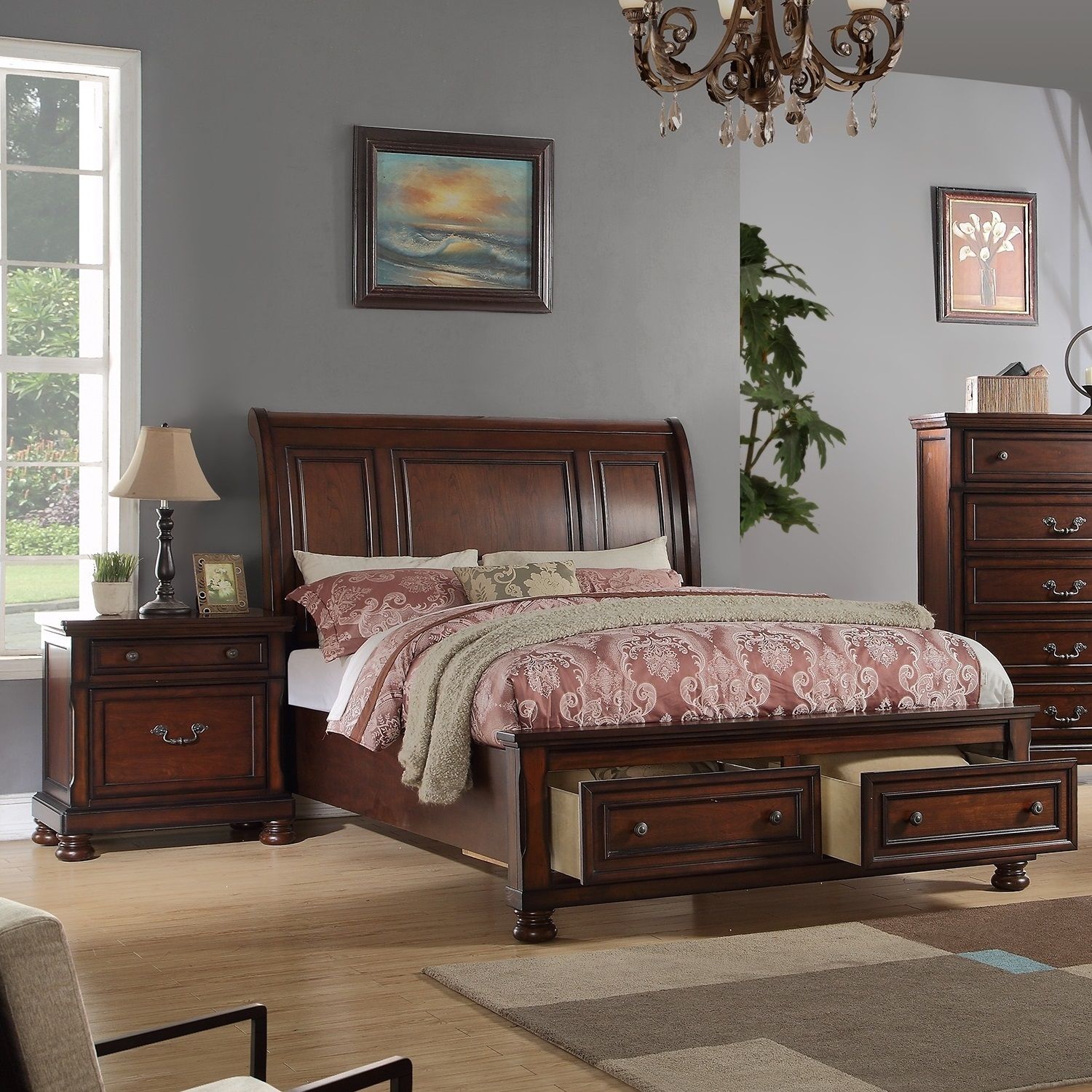3 Piece Bedroom Set bed with 2 nightstands in dark cherry finish, arched paneled headboard on Tampa Home & Garden Store
