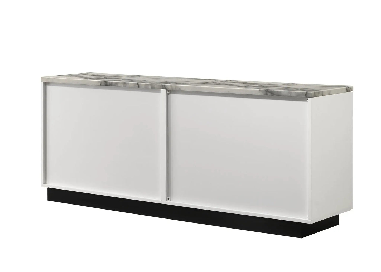 Matilda cabinet console table with white faux marble top, white body, silver trim on Tampa Home & Garden Store