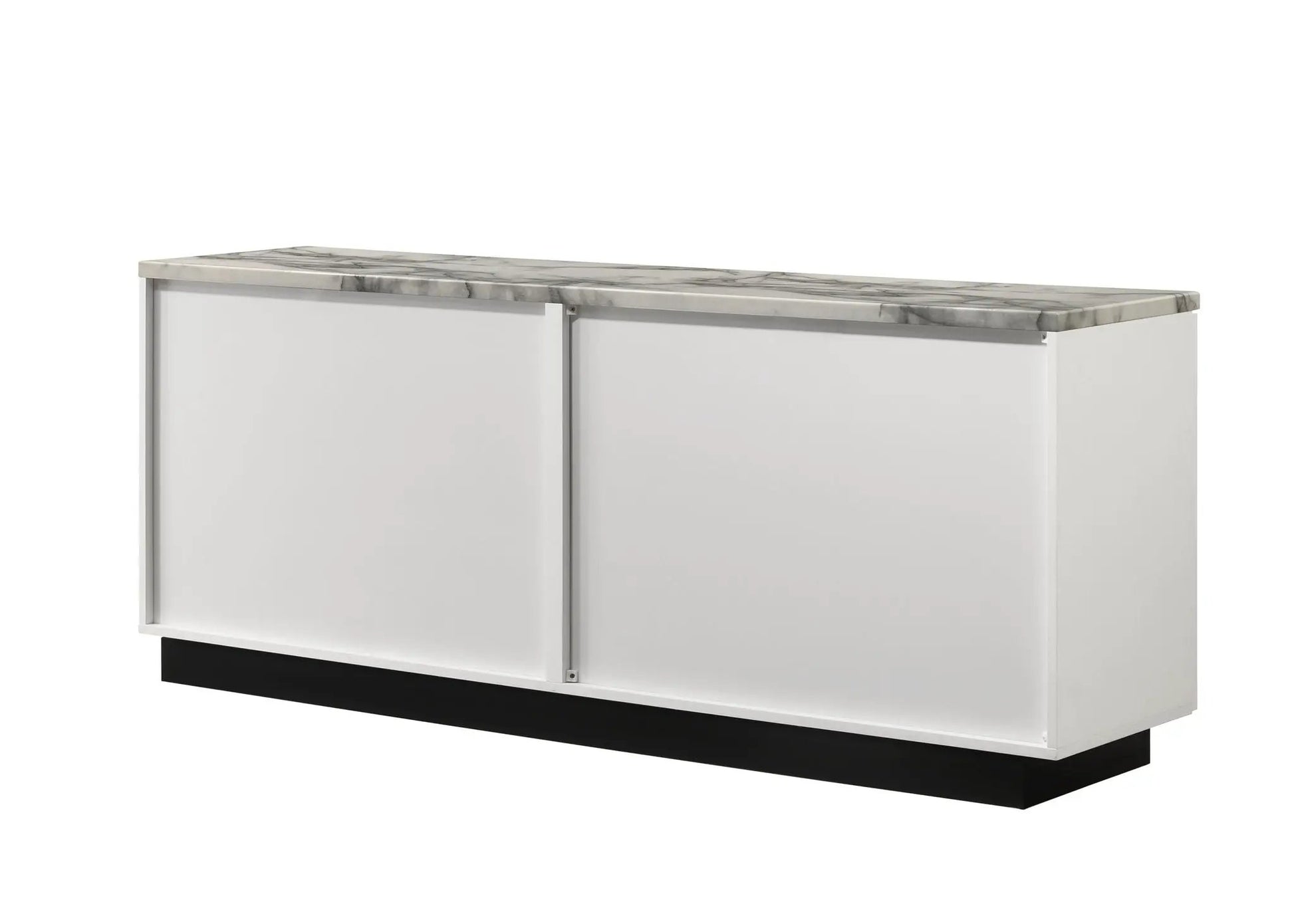 Matilda cabinet console table with white faux marble top, white body, silver trim on Tampa Home & Garden Store