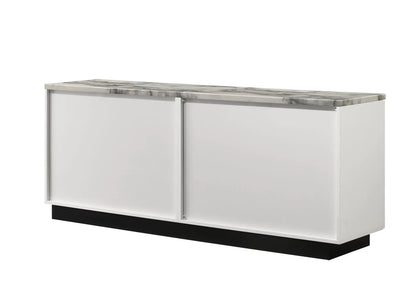 Matilda cabinet console table with white faux marble top, white body, silver trim on Tampa Home & Garden Store