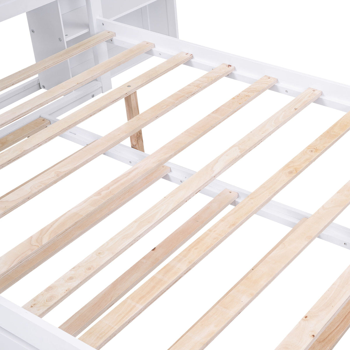 Storage platform bed with pull-out shelves and trundle, white frame and natural wood slats on Tampa Home & Garden Store