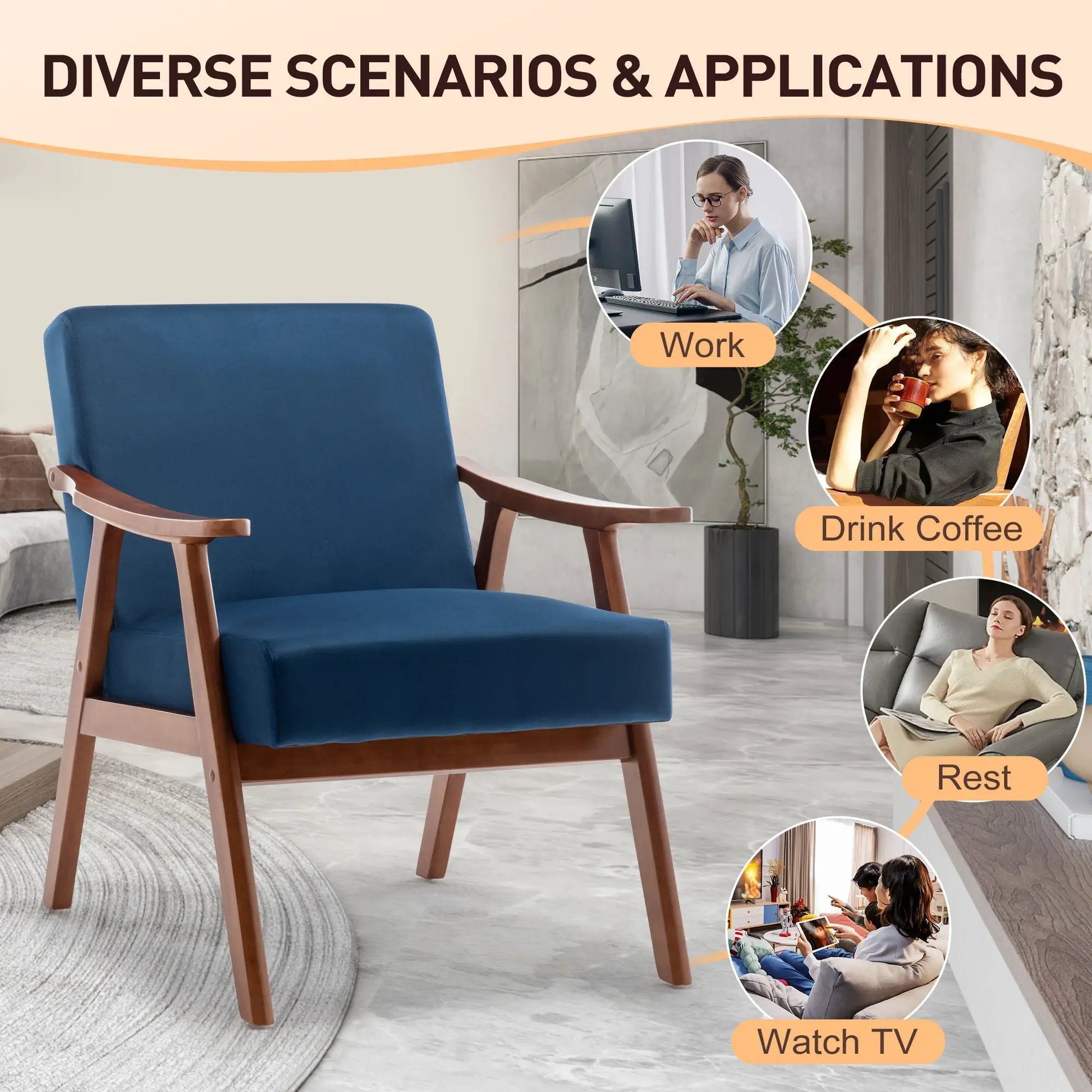 Mid Century Modern Accent Chair with solid wood frame and blue upholstery, thick backrest on Tampa Home & Garden Store