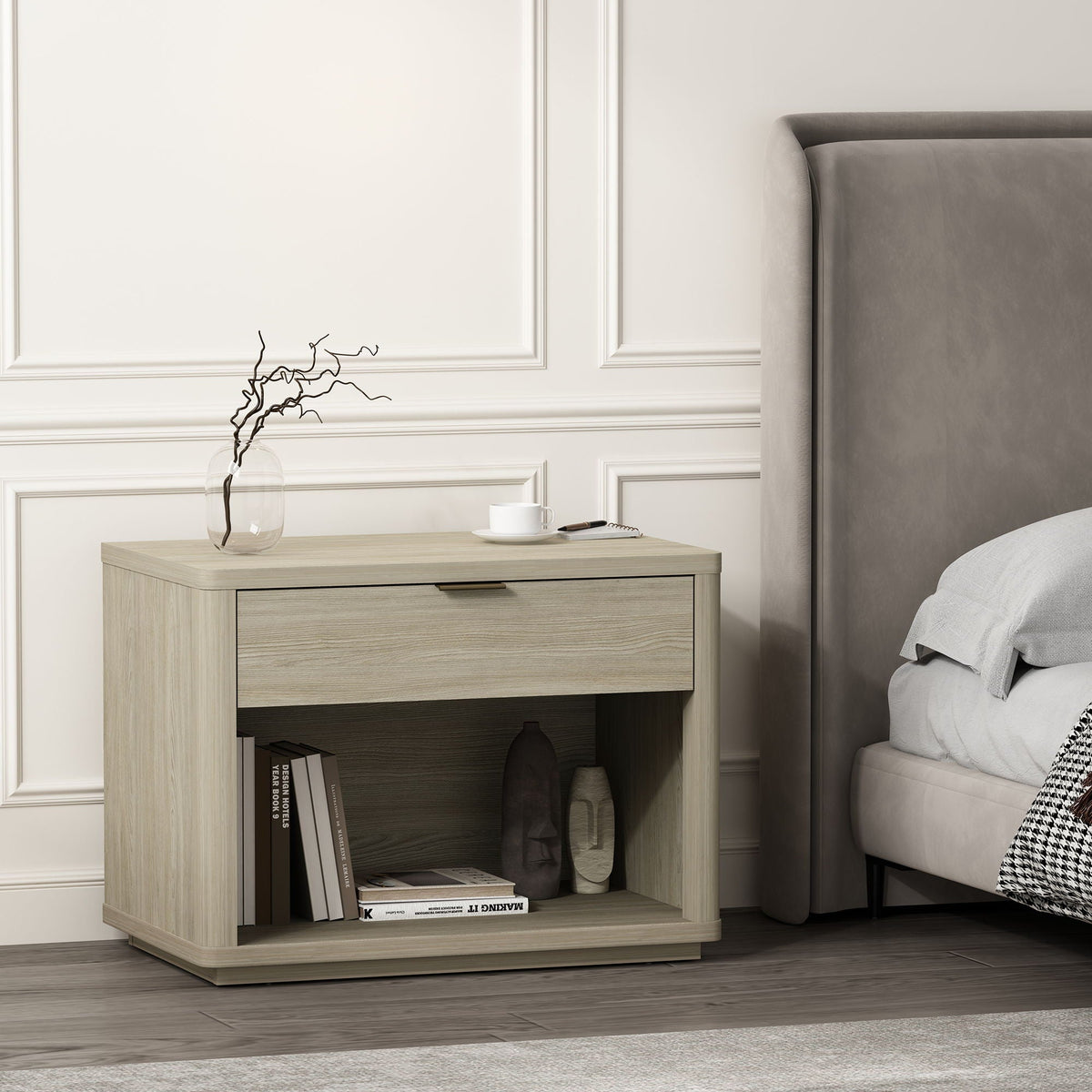 Evelyn Nightstand 1-Drawer Open-Shelf light oak finish beside gray bed HouseOfZazla on Tampa Home & Garden Store