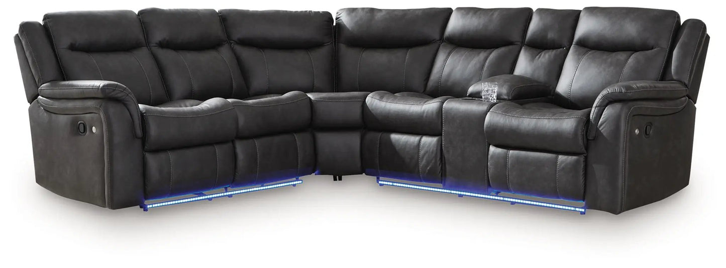Sultan Meadow two-piece reclining sectional in carbon gray leather with blue LED underglow on Tampa Home & Garden Store