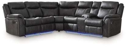 Sultan Meadow two-piece reclining sectional in carbon gray leather with blue LED underglow on Tampa Home & Garden Store