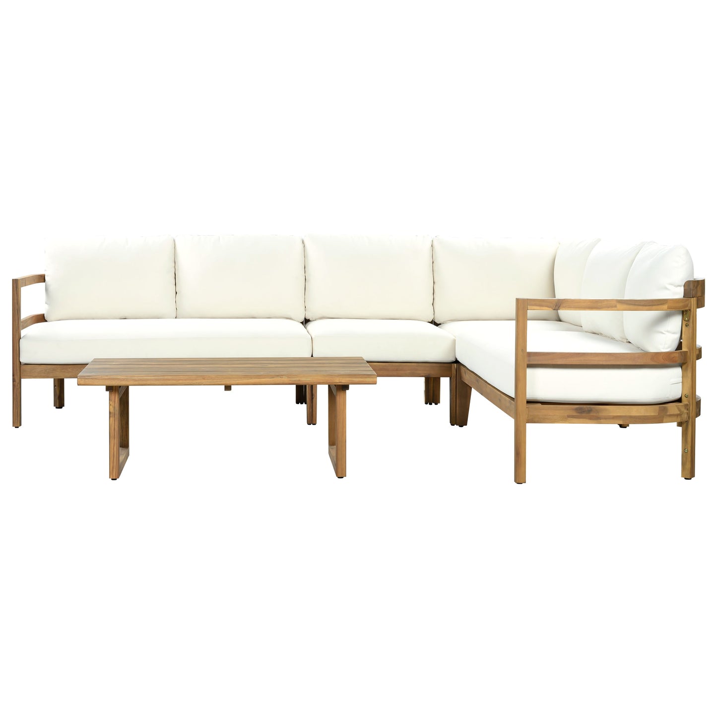 Outdoor acacia wood 5-seater sectional sofa set with cushions and two tables by HouseOfZazla on Tampa Home & Garden Store