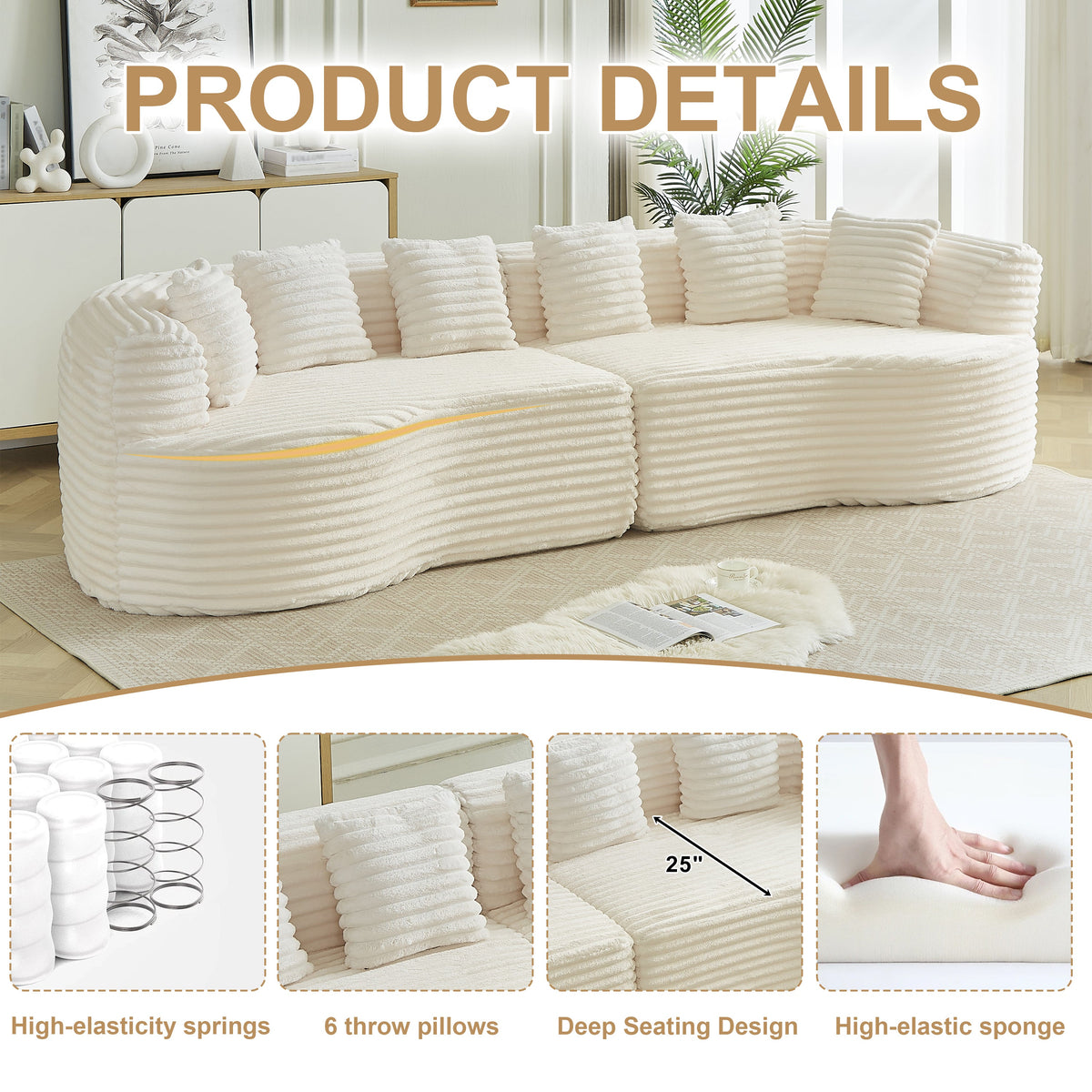 Curved Sectional Sofa 111.5-in by HouseOfZazla, ivory ribbed fabric with 6 pillows on Tampa Home & Garden Store
