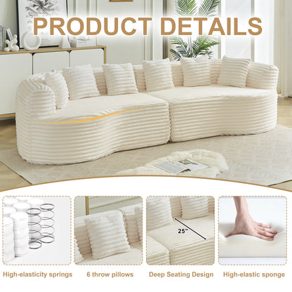Curved Sectional Sofa 111.5-in by HouseOfZazla, ivory ribbed fabric with 6 pillows on Tampa Home & Garden Store