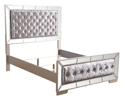Panel bed by HouseOfZazla with mirrored frame and tufted gray velvet headboard on Tampa Home & Garden Store
