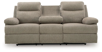 Side-Swipe reclining sofa with drop-down table in beige fabric by Unique Piece Furniture on Tampa Home & Garden Store