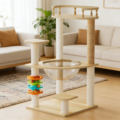 32.2in modern cat tree by HouseOfZazla with beige platforms and white sisal posts on Tampa Home & Garden Store