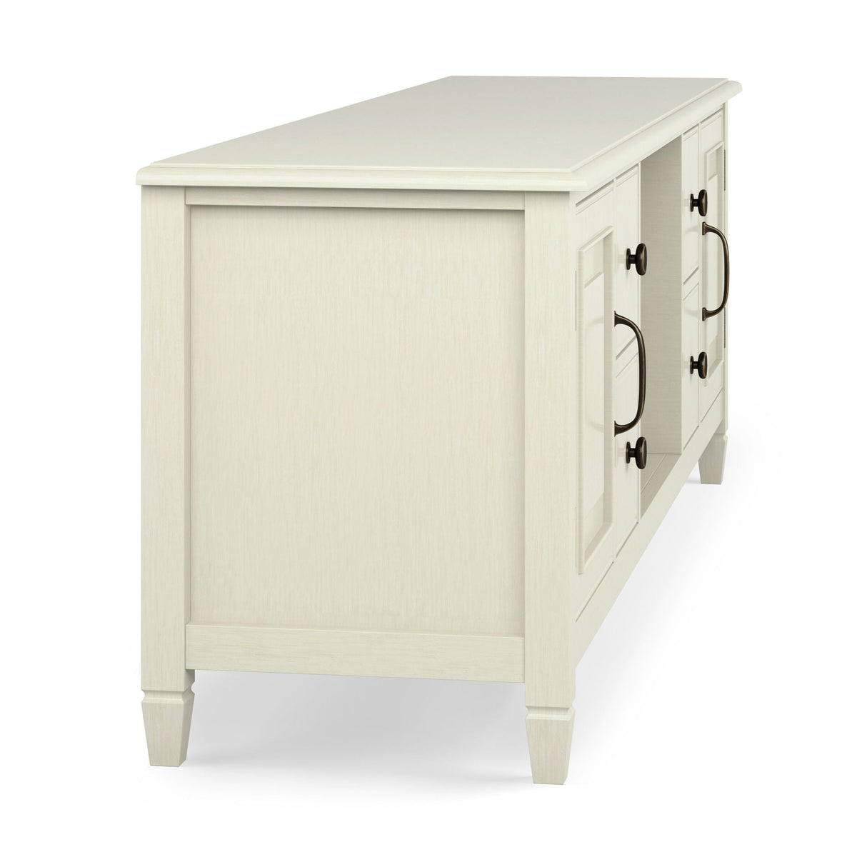 Sturdy solid wood TV stand with wide storage in cream finish; paneled sides, dark bronze handles on Tampa Home & Garden Store