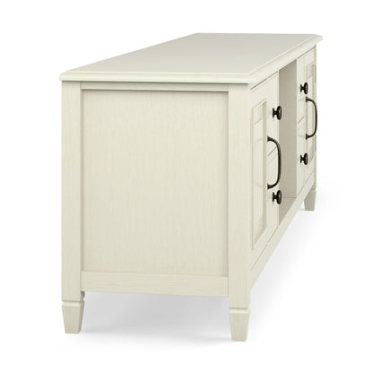 Sturdy solid wood TV stand with wide storage in cream finish; paneled sides, dark bronze handles on Tampa Home & Garden Store