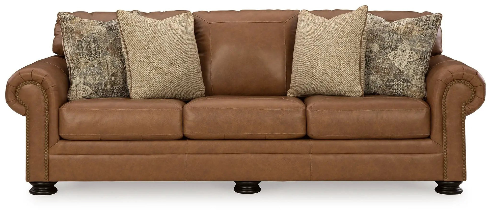 Carianna caramel sofa, stationary with rolled arms and nailhead trim, 3-seat cushions on Tampa Home & Garden Store