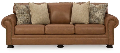 Carianna caramel sofa, stationary with rolled arms and nailhead trim, 3-seat cushions on Tampa Home & Garden Store