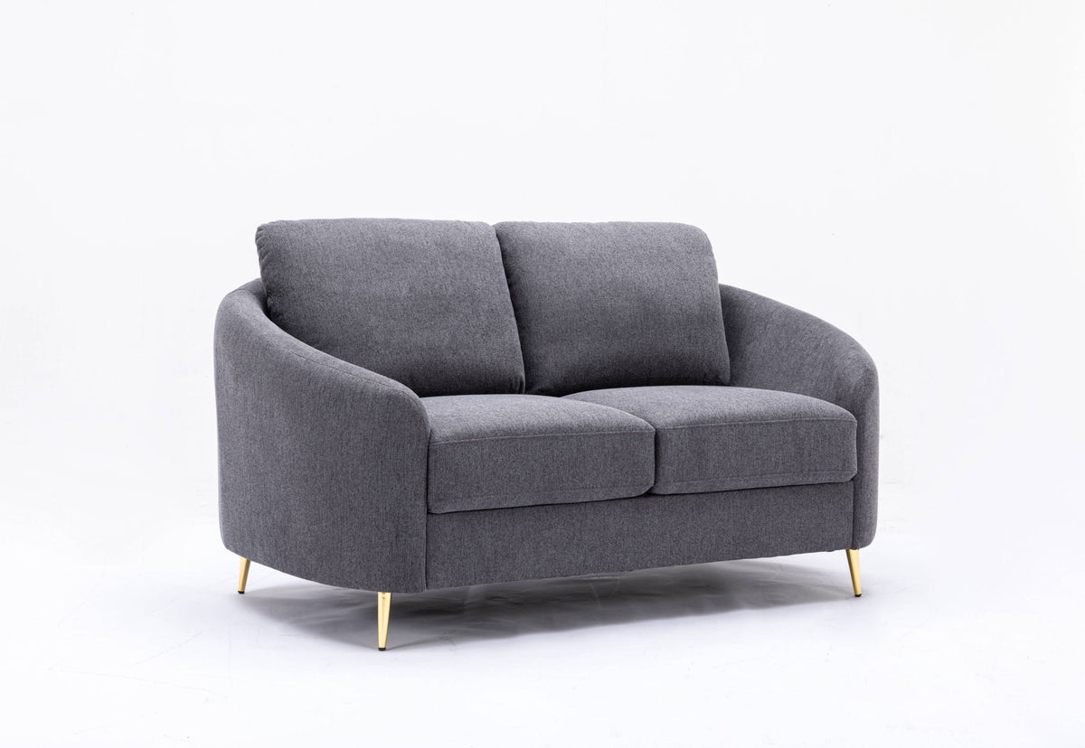 Yuina Linen Loveseat gray linen upholstery with chrome metal legs, stationary loveseat on Tampa Home & Garden Store