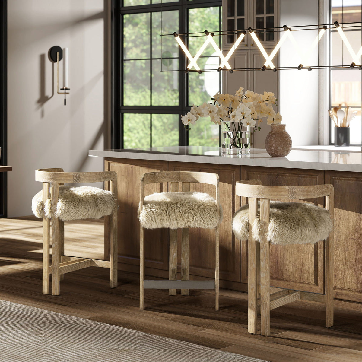 HouseOfZazla low back counter stools with light brown sheepskin fur seats, set of four on Tampa Home & Garden Store