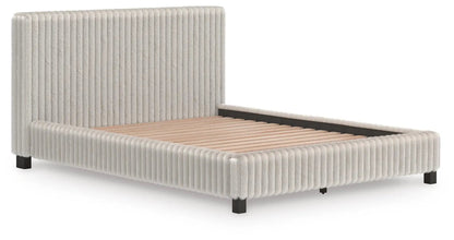 Zuraleus Upholstered Bed cream ribbed fabric with channels; slat foundation; black legs on Tampa Home & Garden Store