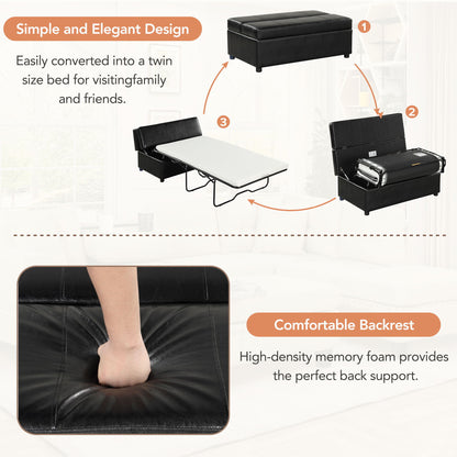 Twin size folding ottoman sleeper bed with mattress in black faux leather shown closed on Tampa Home & Garden Store