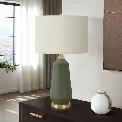 Table lamp green ceramic base, brass accents, cream shade in contemporary style atop console on Tampa Home & Garden Store