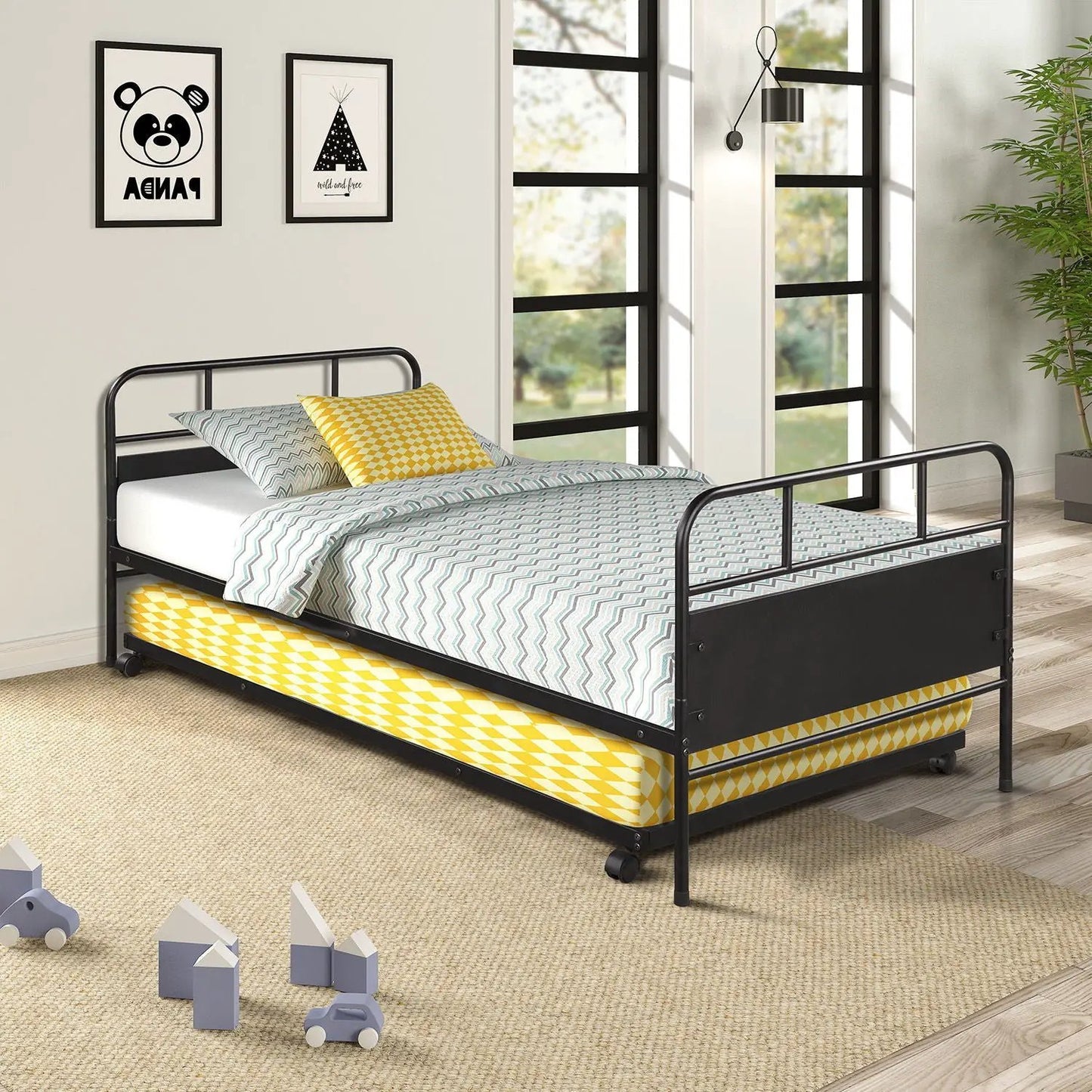 Twin Daybed Frame with Trundle Casters Black