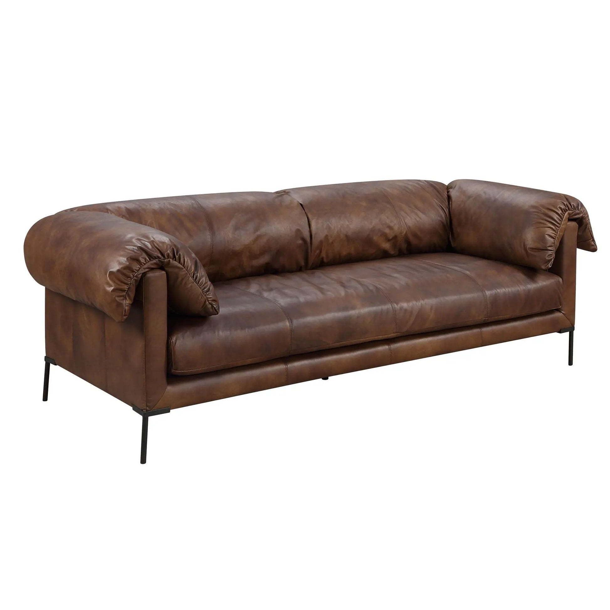 Jaron top grain leather sofa mocha; stationary sofa with rolled arms and black metal legs on Tampa Home & Garden Store