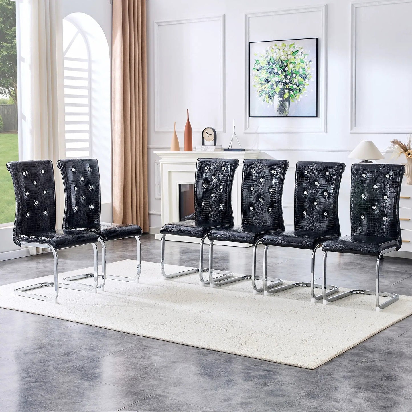 Elegant Design Upholstered Dining Chairs in black embossed leather with chrome sled bases on Tampa Home & Garden Store