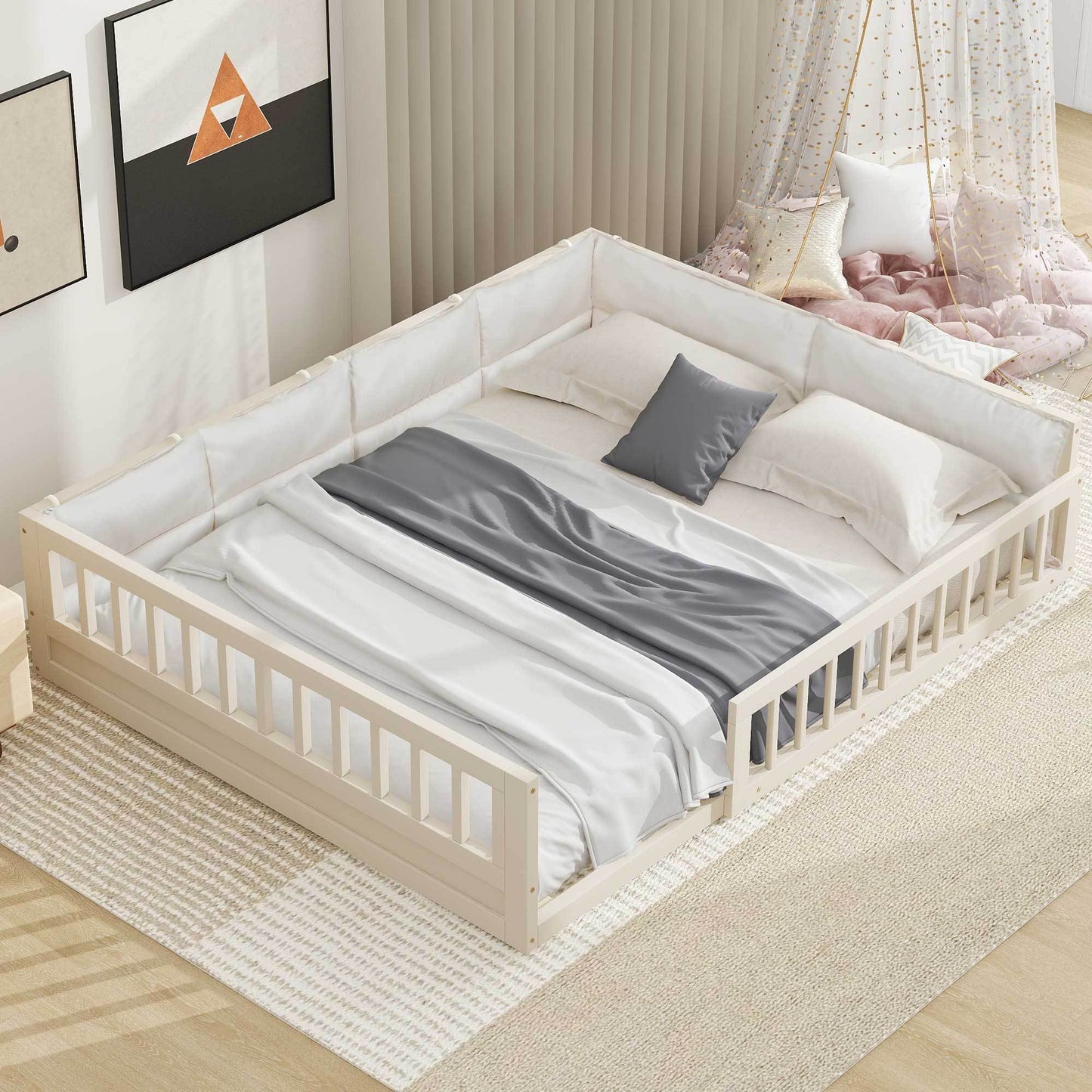 Full-size wood upholstered platform bed with guard rails in white, gray bedding on Tampa Home & Garden Store