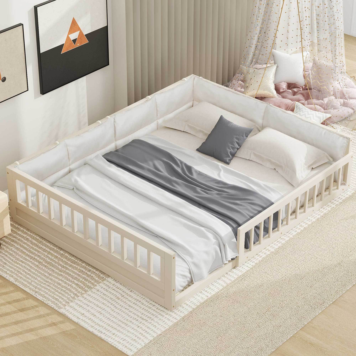 Full-size wood upholstered platform bed with guard rails in white, gray bedding on Tampa Home & Garden Store