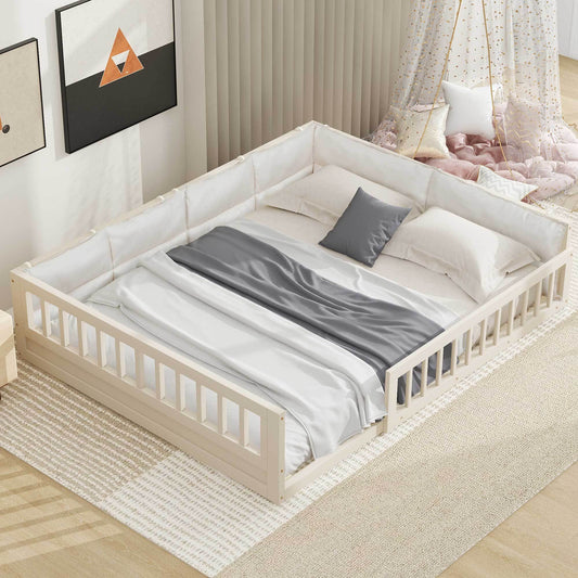 Full-size wood upholstered platform bed with guard rails in white, gray bedding on Tampa Home & Garden Store